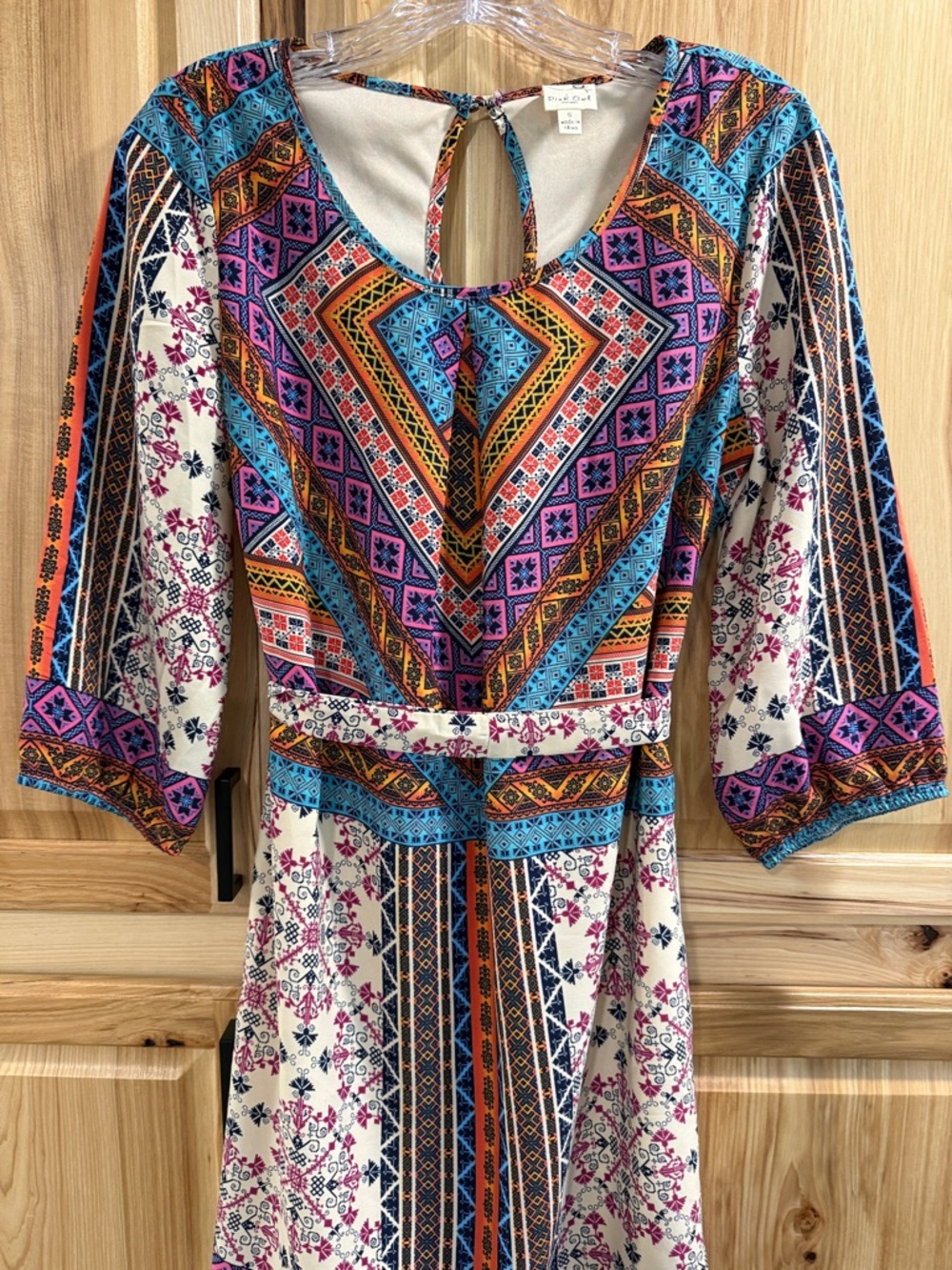 Pink Owl Multicolor Geometric Cropped Sleeve Boho Festival Mini Dress Size S - Picture 2 of 10